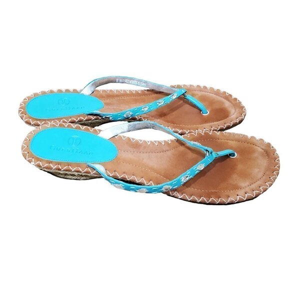 Cole‎ Haan Teal Leather Rhinestone Jute Sandals Dava Thong Womens 9B - Picture 1 of 7